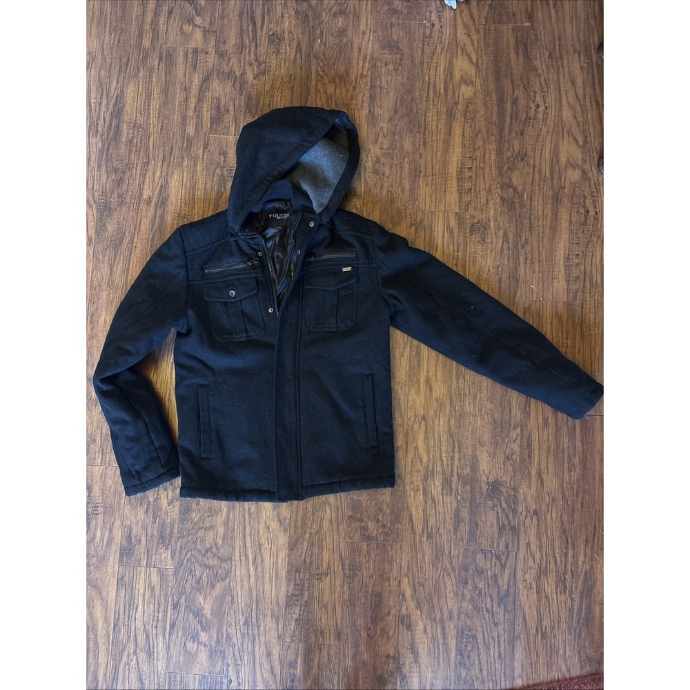 Guess Black Mens Small Wool Hooded Zip Up Coat